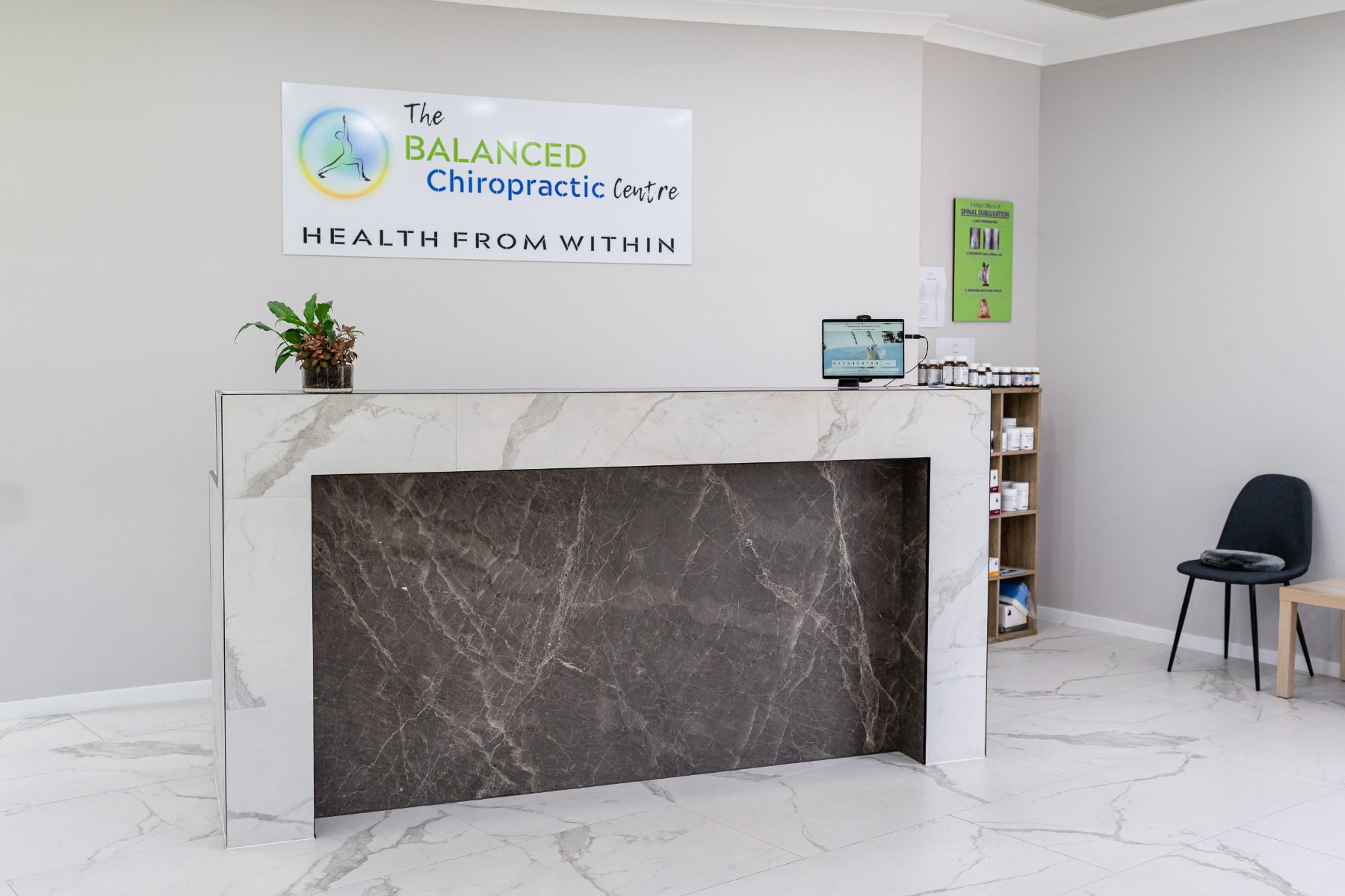Reception at The Balanced Chiropractic Centre in Yandina, with the Health from Within sign